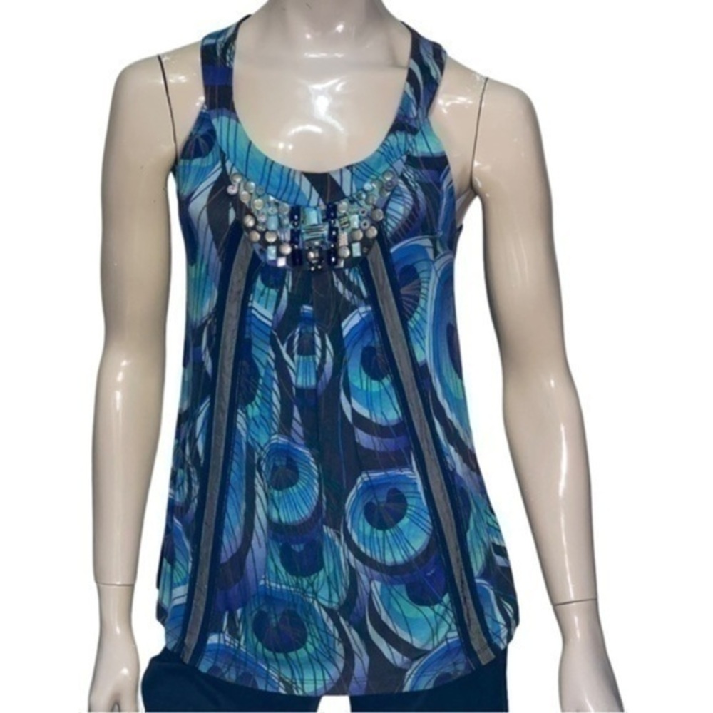 Anthropologie One September Women’s Size M Turquoise Peacock Print Tank Top